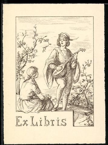 Exlibris mann mit laute - exlibris, steht